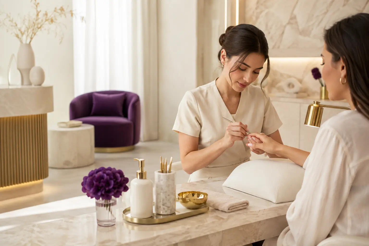 Luxury manicure service in a modern cream and plum nail spa