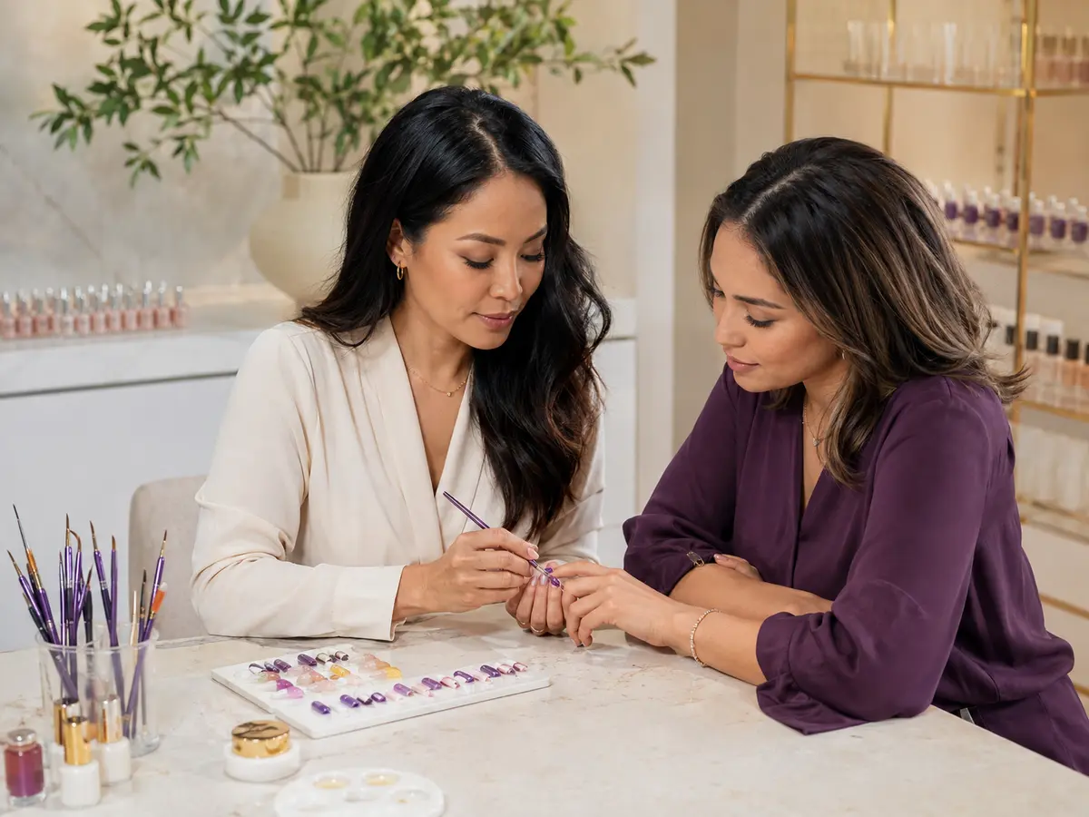 Professional educator demonstrating gel nail art to an adult student
