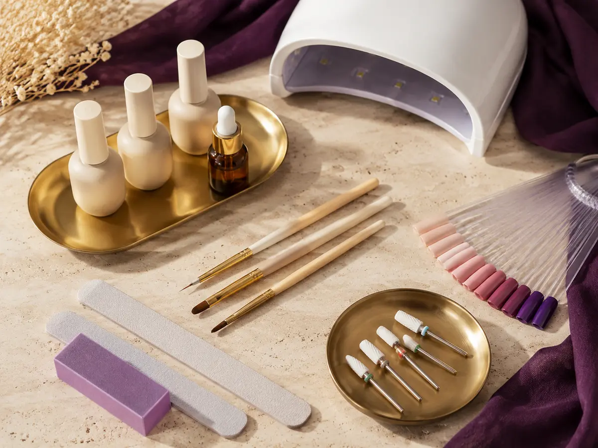 Premium nail supplies arranged on cream stone with plum and gold accents