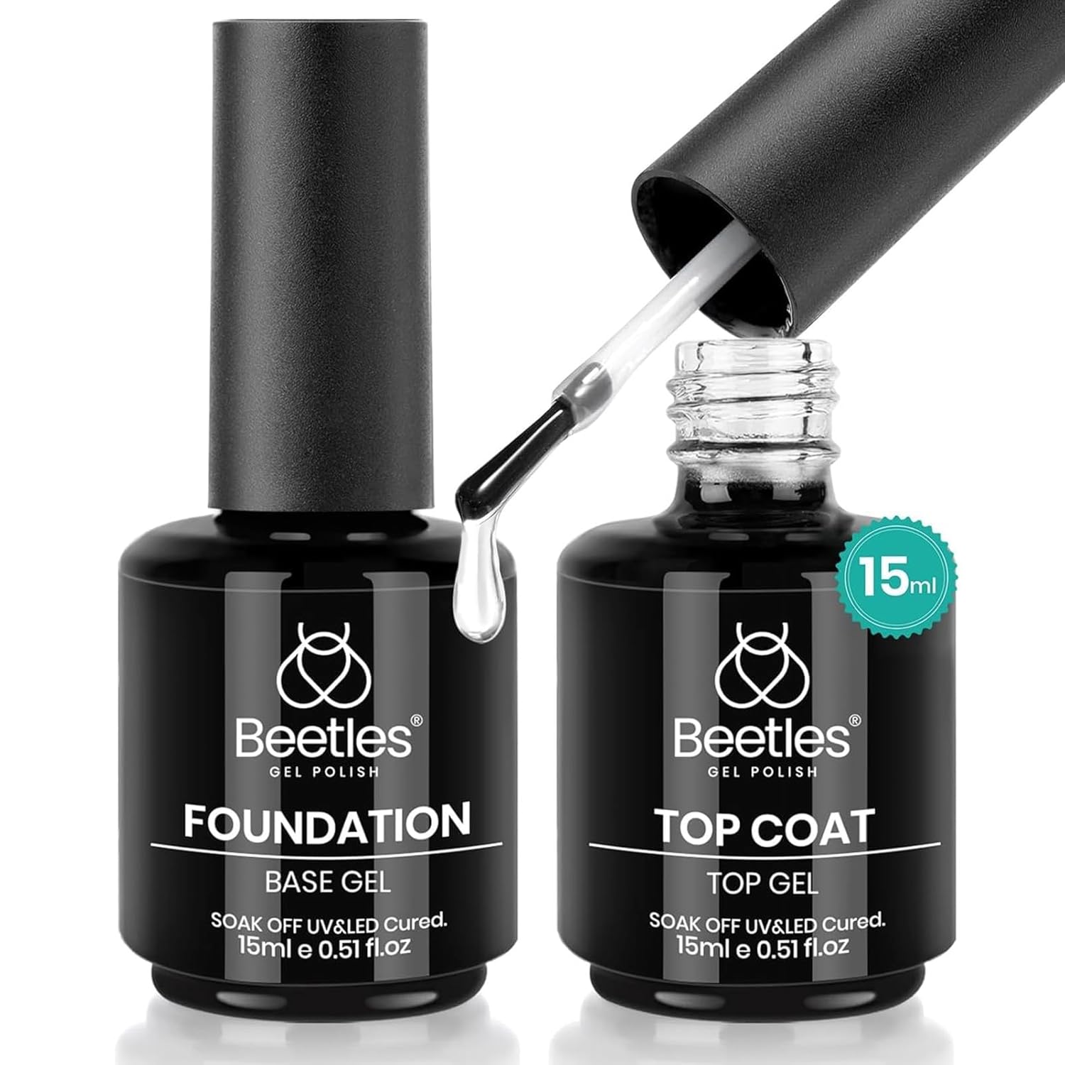 Beetles 2 Pcs 15ml No Wipe Gel Top Coat and Base Coat Set – Shine Finish and Long Lasting, Soak Off LED Nail Lamp Gel Base Top Coat Finish Nail Art Design Manicure Gifts for Women